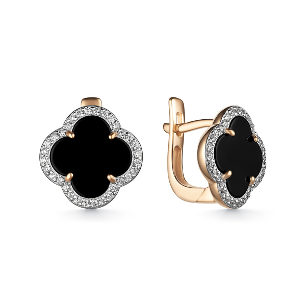 Серьги из красного золота с фианитами и ониксом