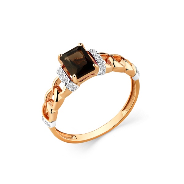 Кольцо из красного золота с раухтопазом и фианитами