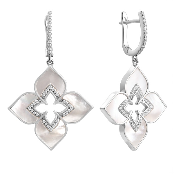 Серьги из серебра с перламутром и фианитами