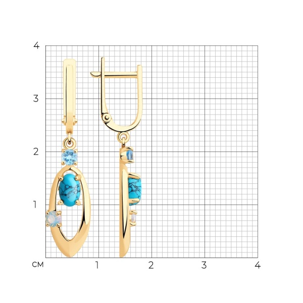 Серьги из красного золота с бирюзой, ситаллами и топазами