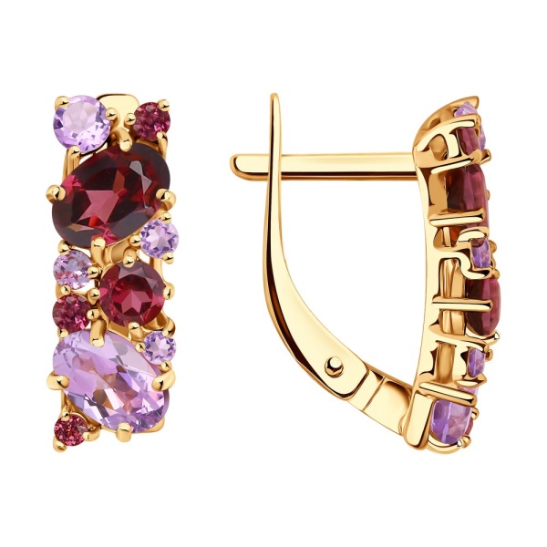 Серьги из красного золота с аметистами и родолитами