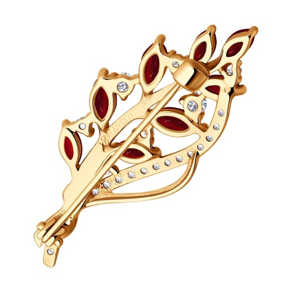 Брошь из красного золота с гранатами и фианитами «Веточка»