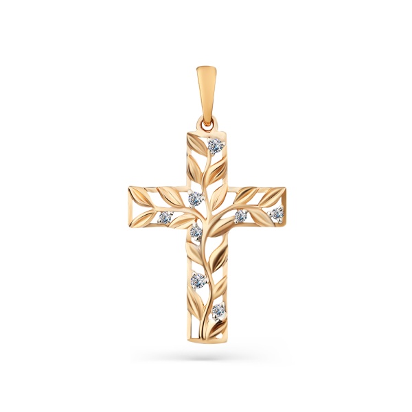 Декоративный крестик из красного золота с фианитами