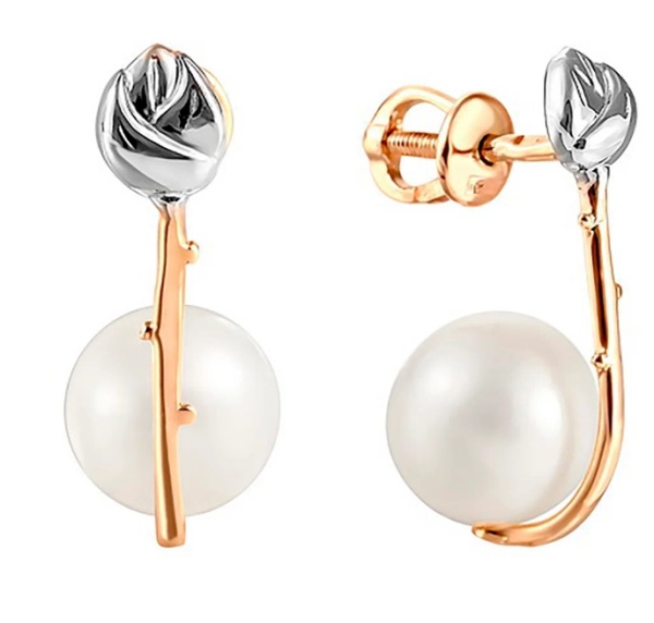 Серьги пусеты из красного золота с жемчугом