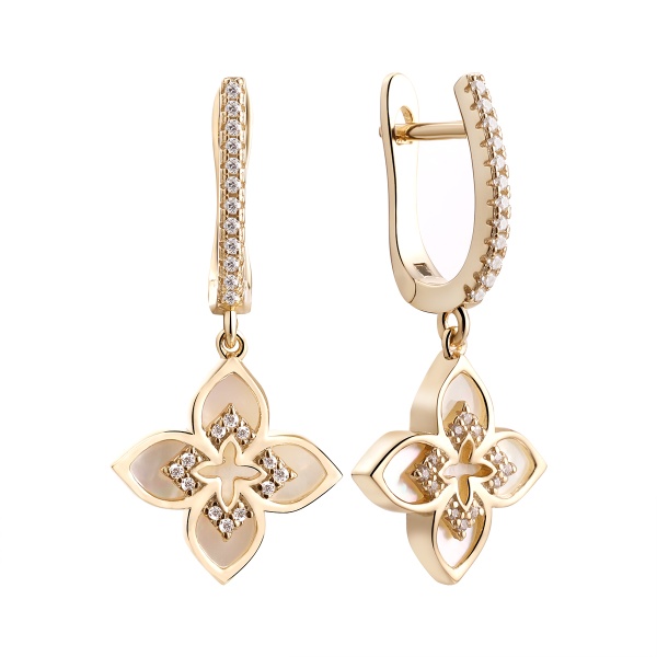 Серьги из позолоченного серебра с перламутром и фианитами