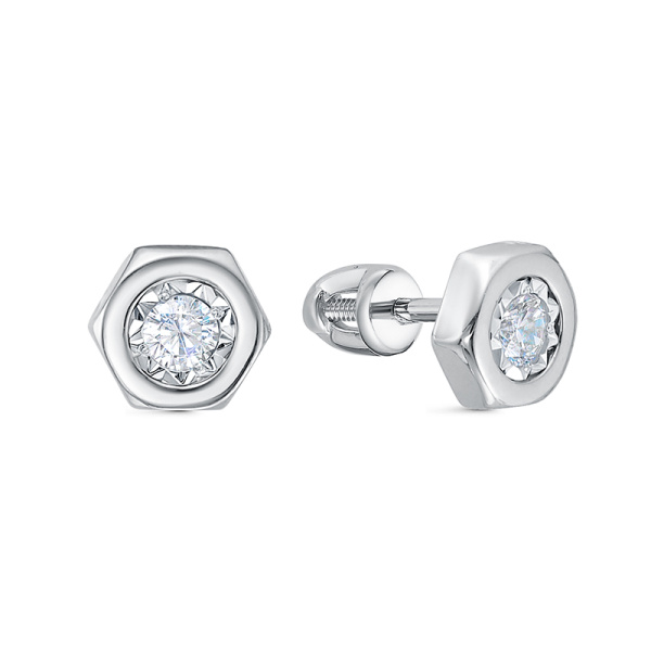 Серьги пусеты из белого золота с фианитами