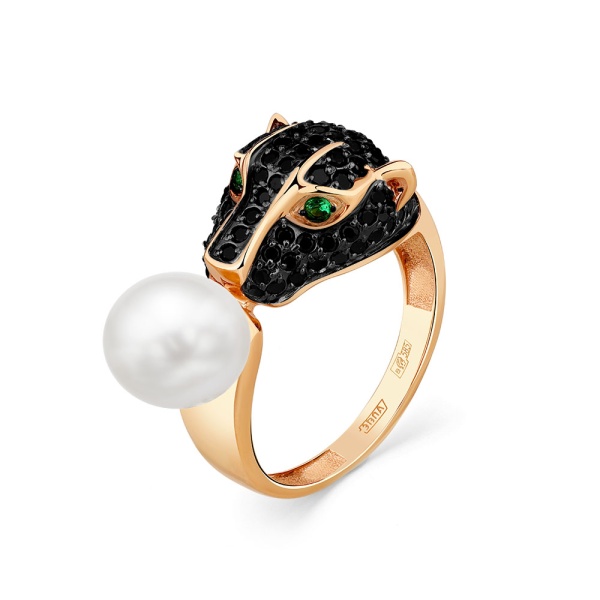 Кольцо из красного золота с жемчугом и фианитами