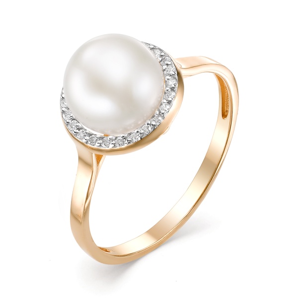 Кольцо из красного золота с жемчугом и фианитами