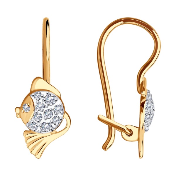 Серьги «Рыбки» из красного золота 585 пробы с фианитами