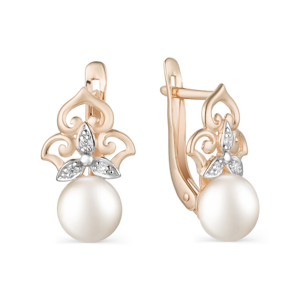 Серьги из красного золота с жемчугом и фианитами