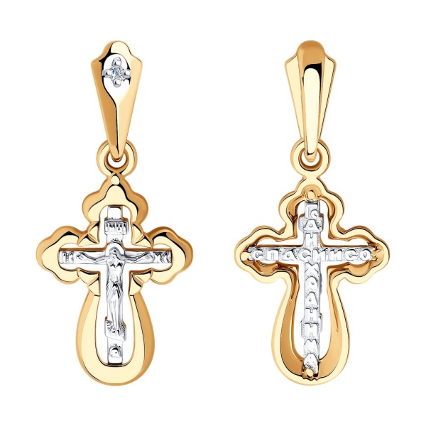 Крестик православный из комбинированного золота с бриллиантом