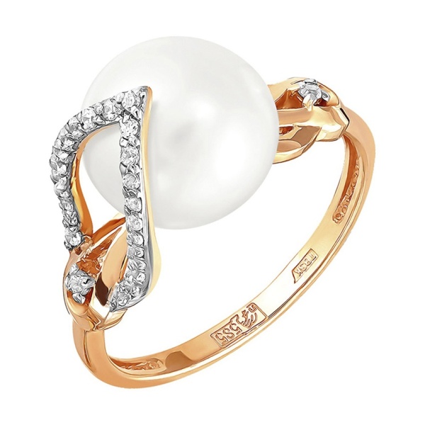 Кольцо из красного золота с жемчугом и фианитами