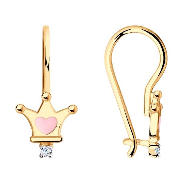 Серьги «Корона» из красного золота 585 пробы с фианитами и эмалью