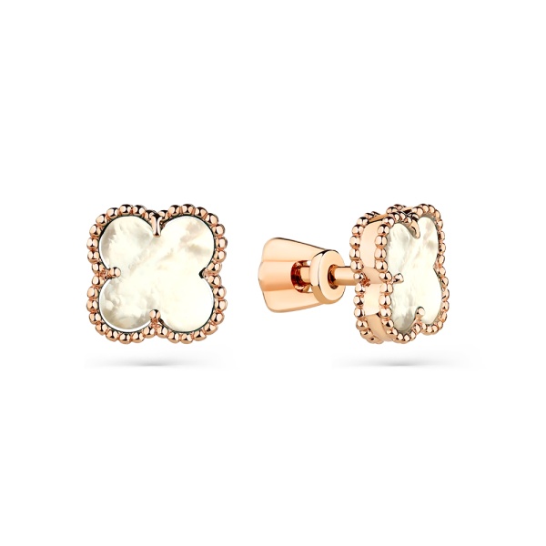 Серьги пусеты «Клевер» из красного золота с перламутром