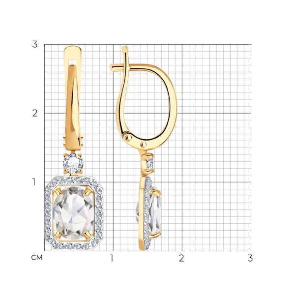 Серьги из красного золота с горным хрусталем и фианитами