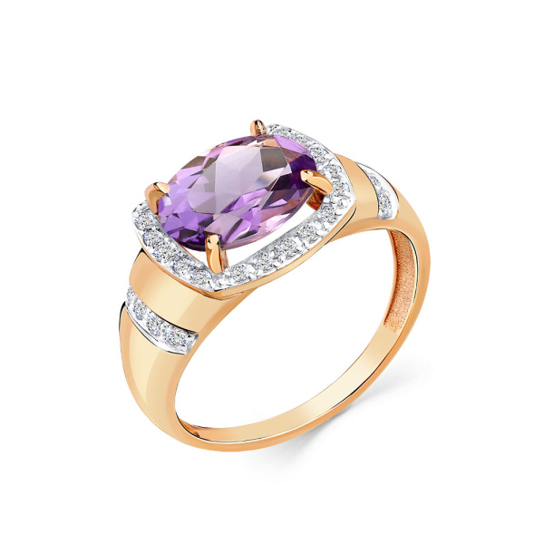 Кольцо из красного золота с аметистом и фианитами