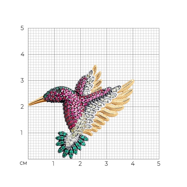 Брошь «Колибри» из серебра с корундами и фианитами