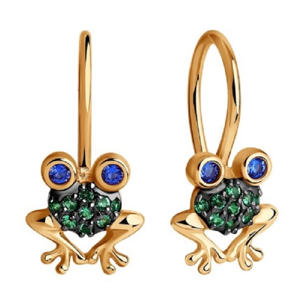 Серьги «Лягушки» из красного золота 585 пробы с фианитами