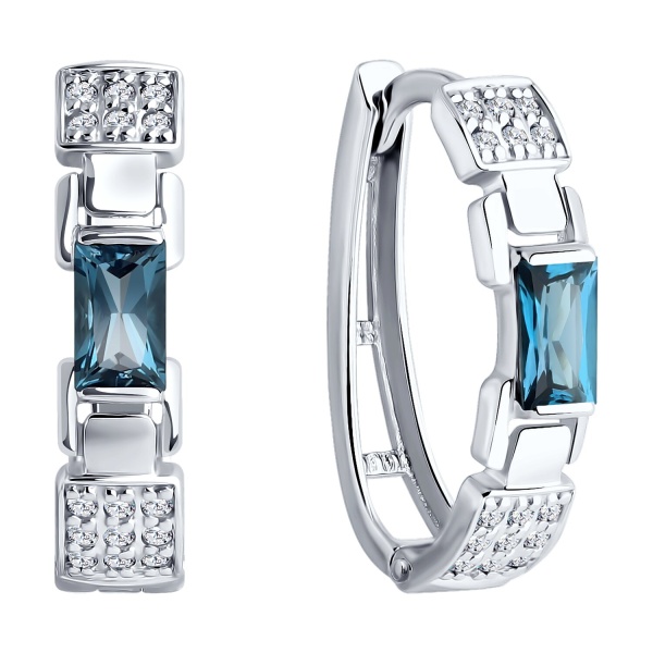 Серьги конго из белого золота с топазами Лондон и фианитами