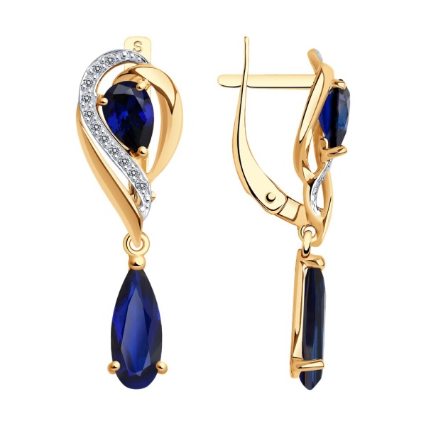 Серьги из красного золота с корундами сапфировыми и фианитами