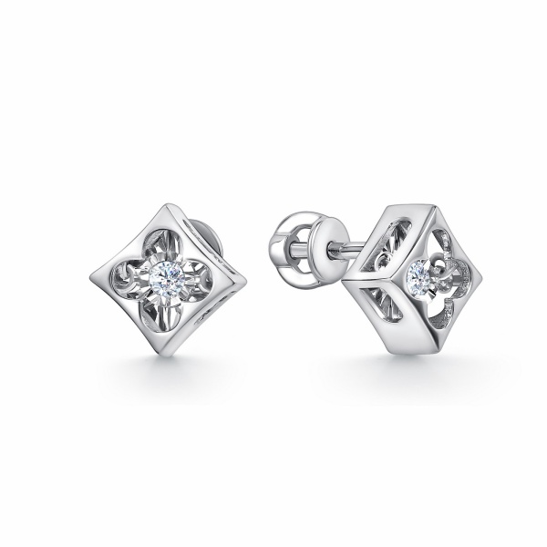 Серьги-пусеты из белого золота с танцующим бриллиантом