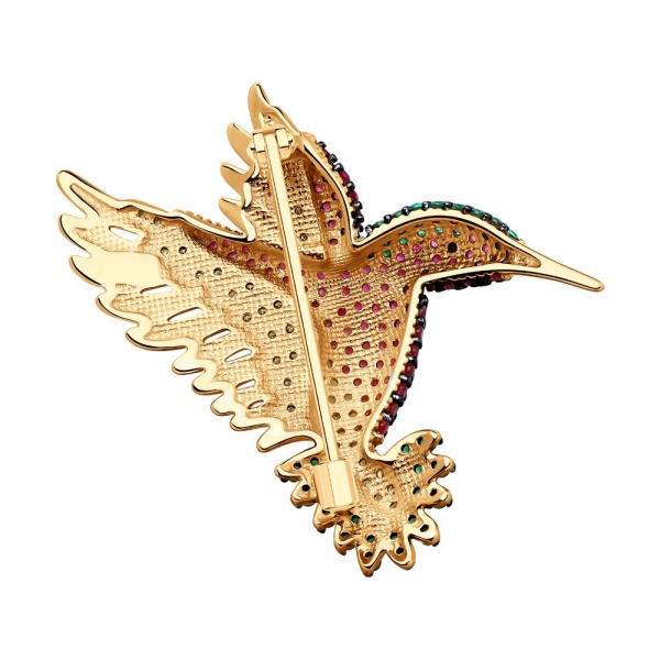 Брошь «Колибри» из серебра с корундами и фианитами