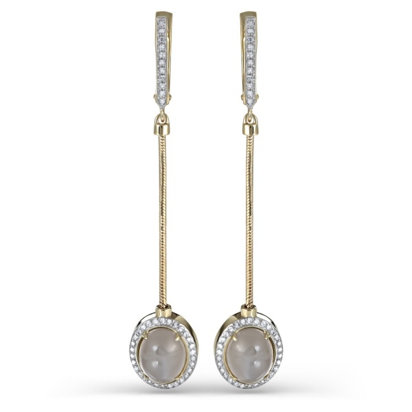 Серьги из желтого золота с лунными камнем и бриллиантами