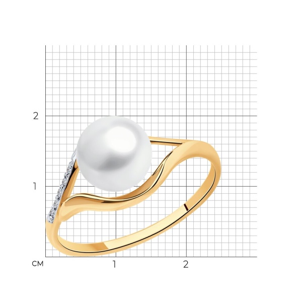 Кольцо из красного золота с жемчугом и фианитами