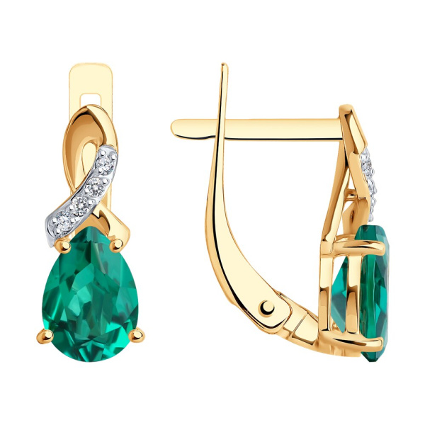 Серьги из красного золота с гидротермальными изумрудами и фианитами