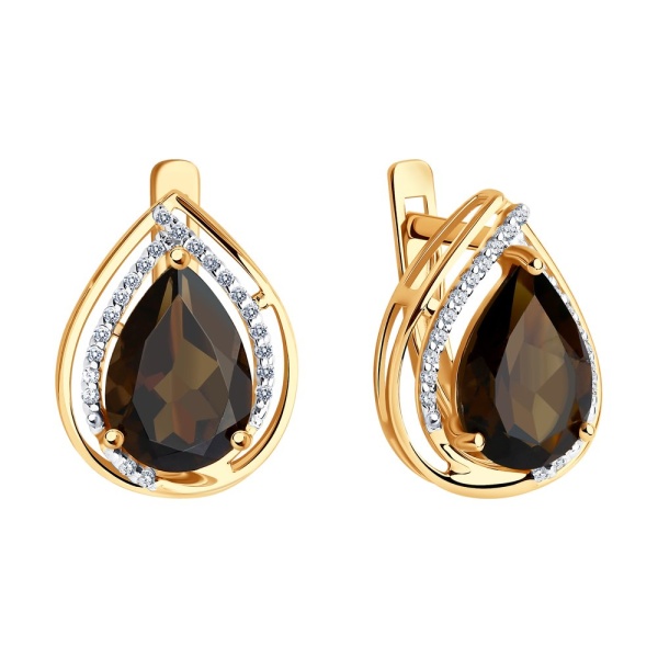 Серьги из красного золота с раухтопазом и фианитами