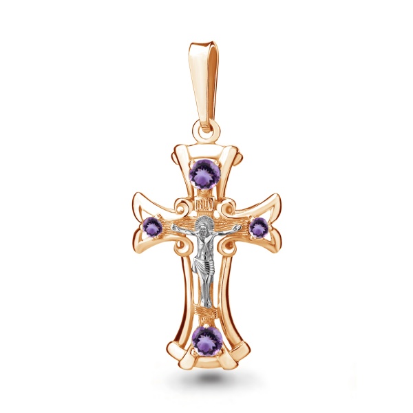 Крестик христианский из красного золота с аметистами