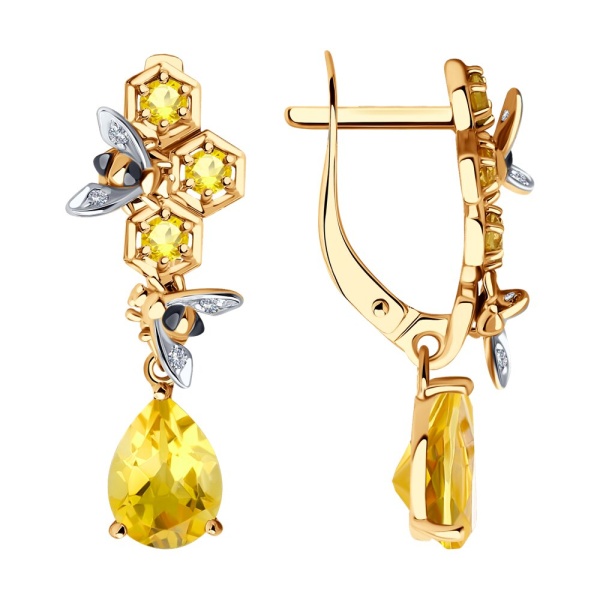 Серьги из красного золота с цитринами и фианитами