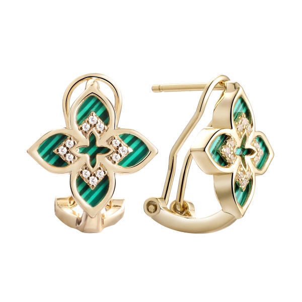 Серьги из позолоченного серебра с малахитом и фианитами