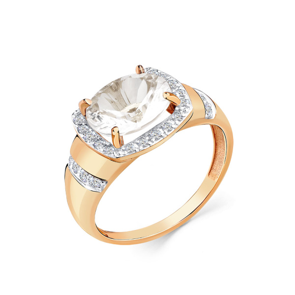 Кольцо из красного золота с горным хрусталем и фианитами