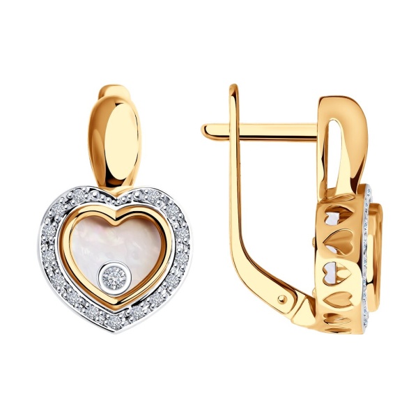 Серьги из красного золота с бриллиантами, перламутром, сапфировым стеклом и декором в форме сердца