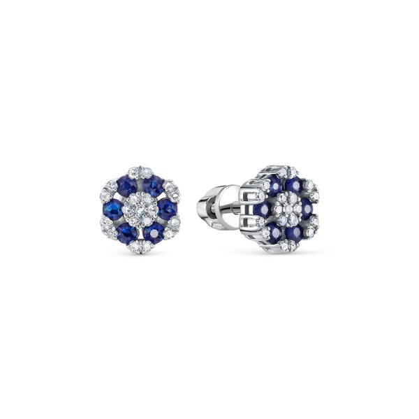 Серьги пусеты из белого золота с сапфирами и бриллиантами