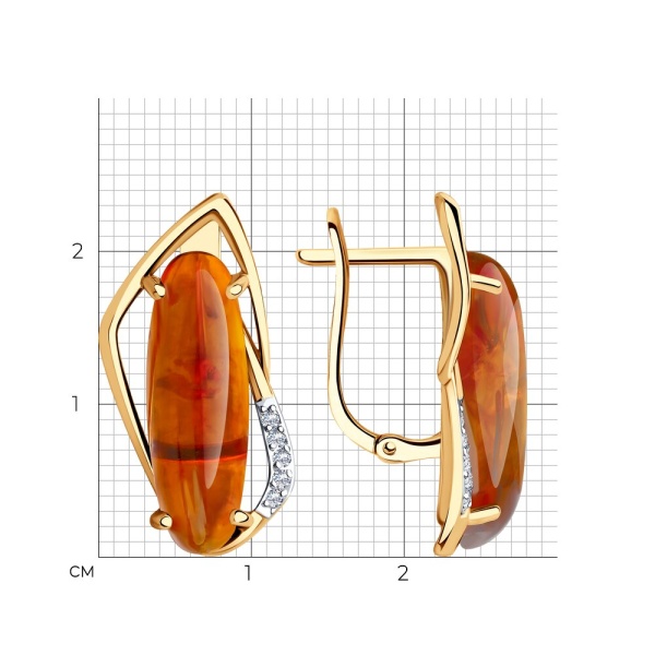 Серьги из красного золота с янтарем и фианитами