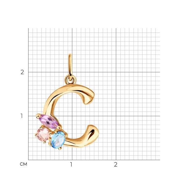 Подвеска «Буква С» из красного золота с аметистом, ситаллом и топазом