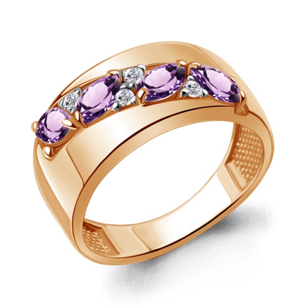 Кольцо из красного золота с аметистами и фианитами