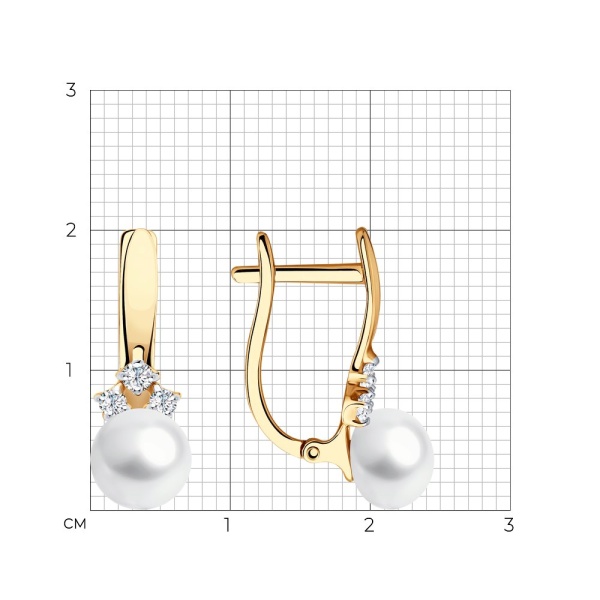 Серьги пусеты из красного золота с жемчугом и фианитами