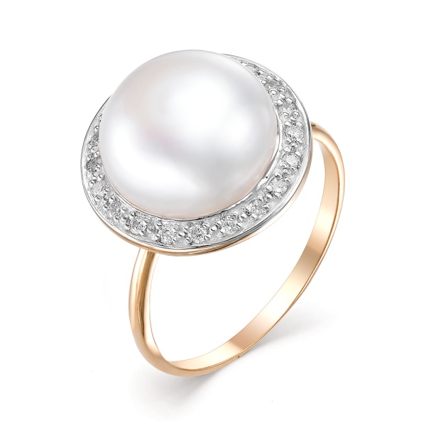 Кольцо из красного золота с жемчугом и фианитами