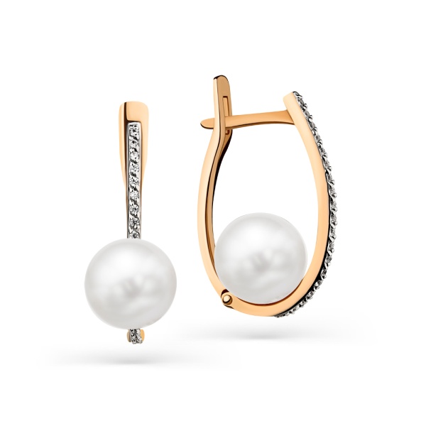 Серьги из красного золота с жемчугом и фианитами