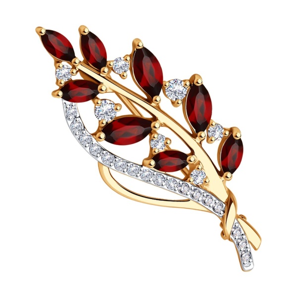 Брошь из красного золота с гранатами и фианитами «Веточка»