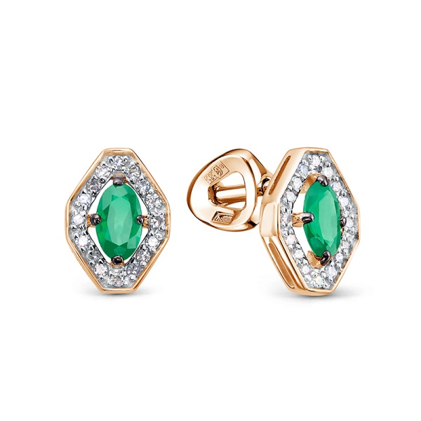 Серьги пусеты из красного золота с изумрудами и бриллиантами