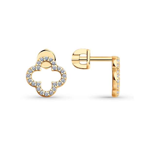 Серьги пусеты из позолоченного серебра с фианитами