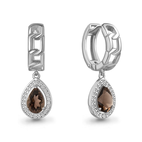 Серьги из серебра с раухтопазом и фианитами