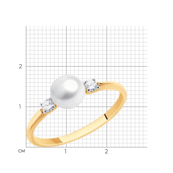 Кольцо из красного золота с жемчугом и фианитами