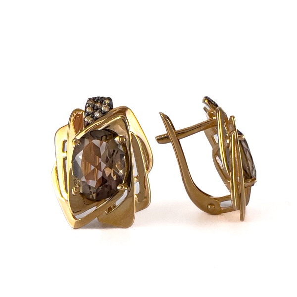 Серьги из золота с раухтопазом и фианитами