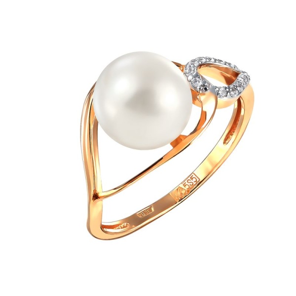 Кольцо из красного золота с жемчугом и фианитами