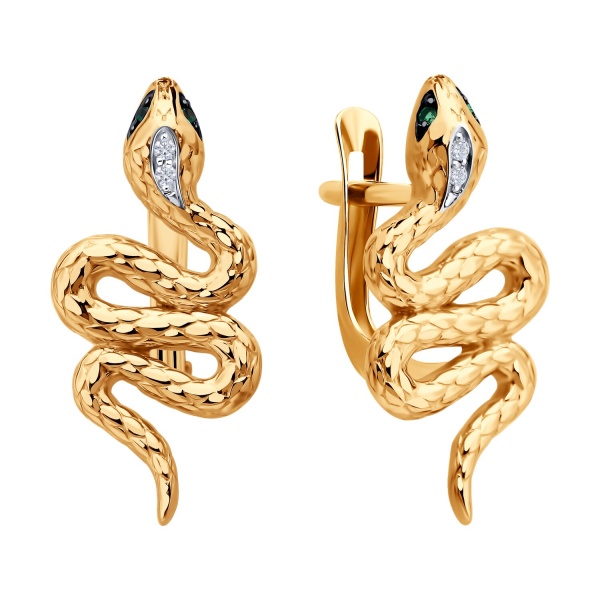 Серьги из красного золота с бриллиантами и гидротермальными изумрудами